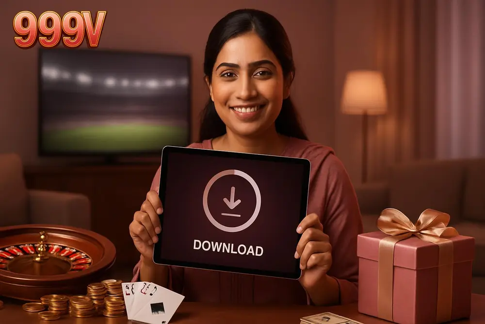 999V APK download โ a Pakistani woman standing in her living room holding a tablet showing a downloading progress 999V APK download โ a Pakistani woman standing in her living room holding a tablet showing a downloading progress
