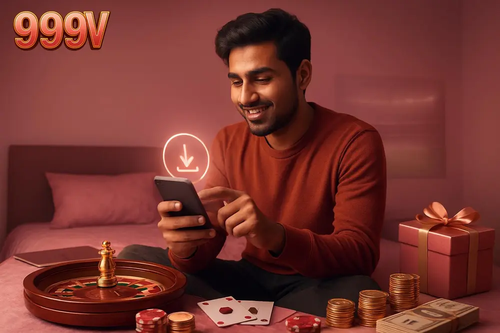 999V APK download โ a young Pakistani man sitting cross-legged on a bed installing an app on his smartphone with a 999V APK download โ a young Pakistani man sitting cross-legged on a bed installing an app on his smartphone with a