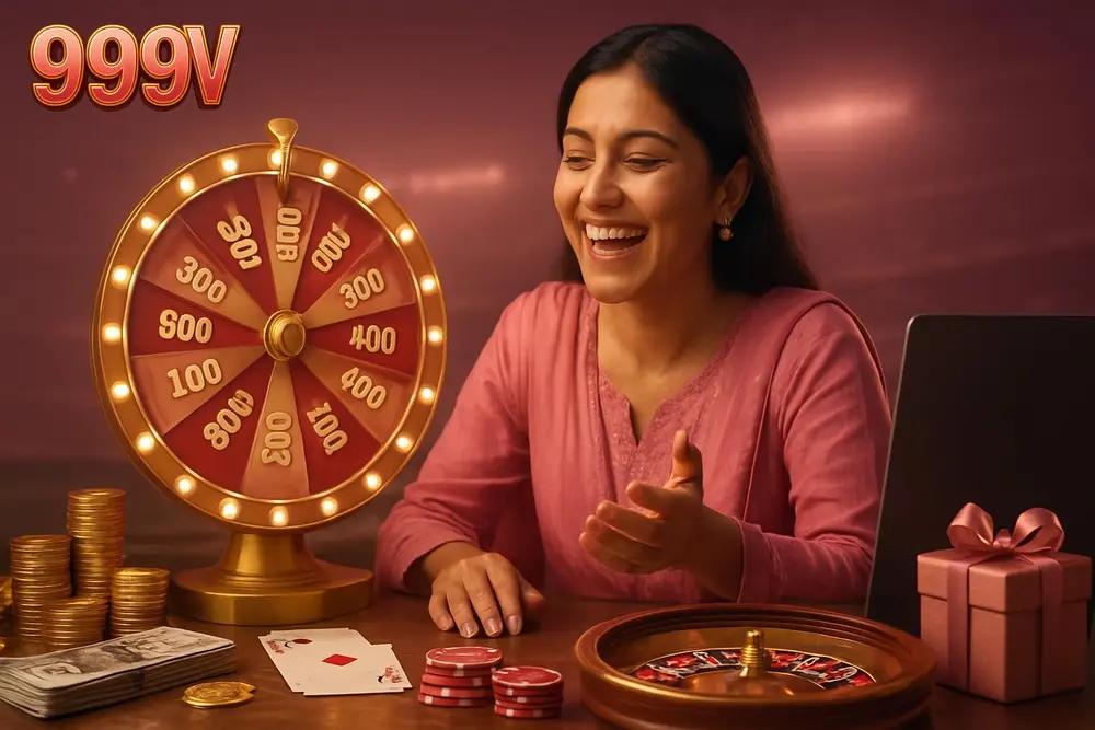 999V games โ a Pakistani woman laughing joyfully while watching a spinning wheel game with bright lights on a table 999V games โ a Pakistani woman laughing joyfully while watching a spinning wheel game with bright lights on a table