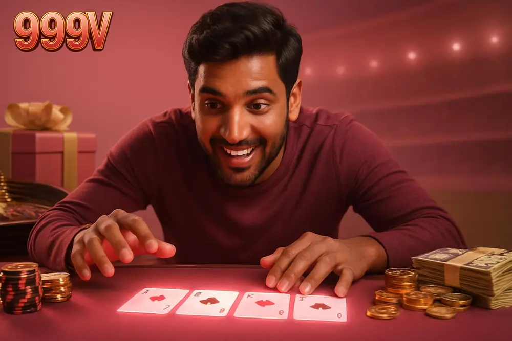 999V games โ a young Pakistani man leaning forward excitedly at a table with glowing playing cards and colorful 999V games โ a young Pakistani man leaning forward excitedly at a table with glowing playing cards and colorful