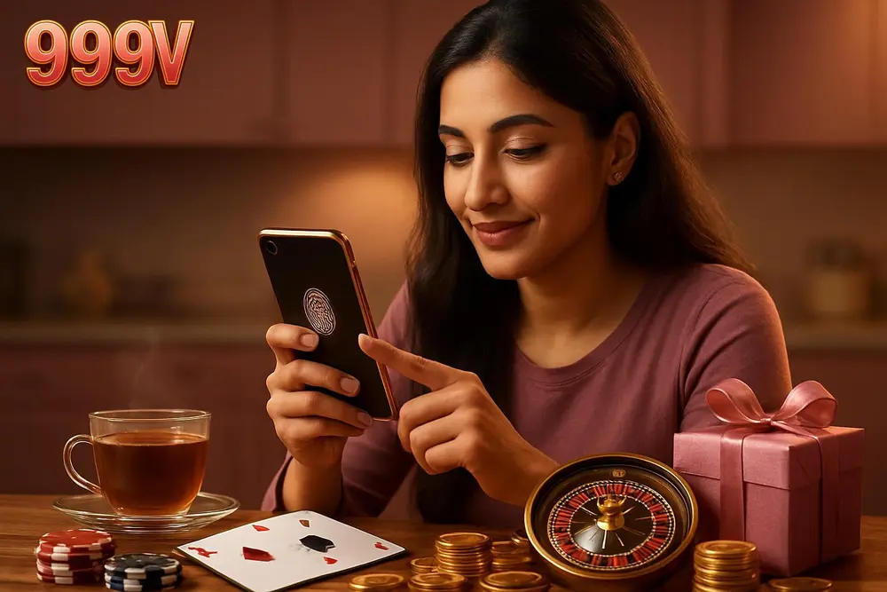 999V login โ a young Pakistani woman unlocking her smartphone with a fingerprint while sitting at a kitchen table 999V login โ a young Pakistani woman unlocking her smartphone with a fingerprint while sitting at a kitchen table