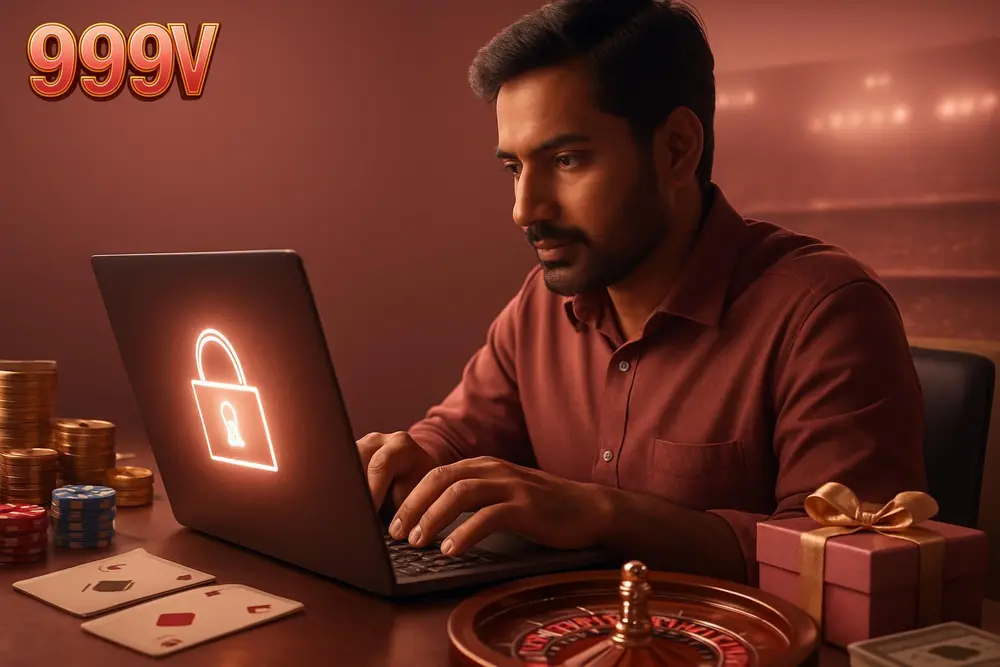 999V login โ a Pakistani man in an office chair typing on his laptop with a glowing lock icon animation on the screen 999V login โ a Pakistani man in an office chair typing on his laptop with a glowing lock icon animation on the screen