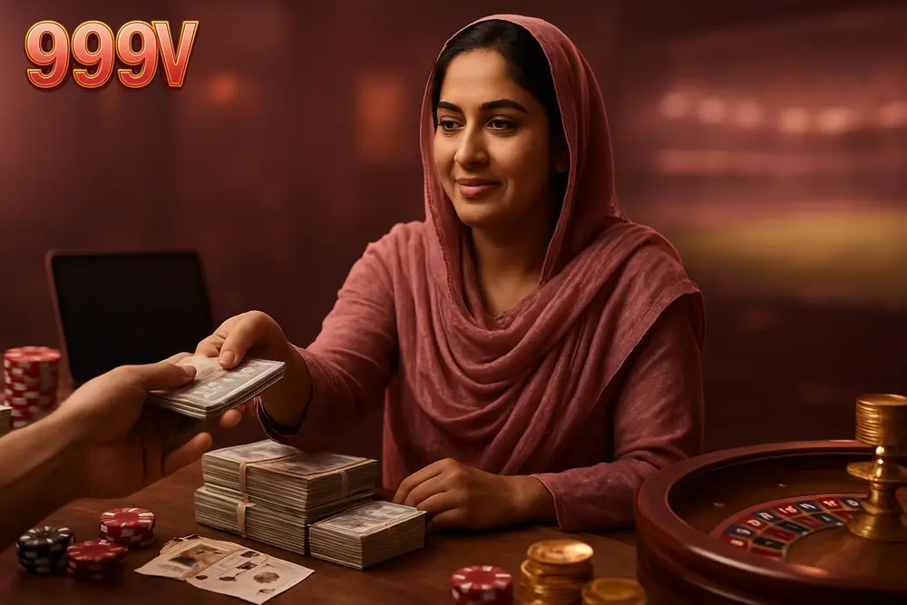 999V payment methods โ a Pakistani woman receiving cash at a small shop counter with stacks of local currency neatly 999V payment methods โ a Pakistani woman receiving cash at a small shop counter with stacks of local currency neatly