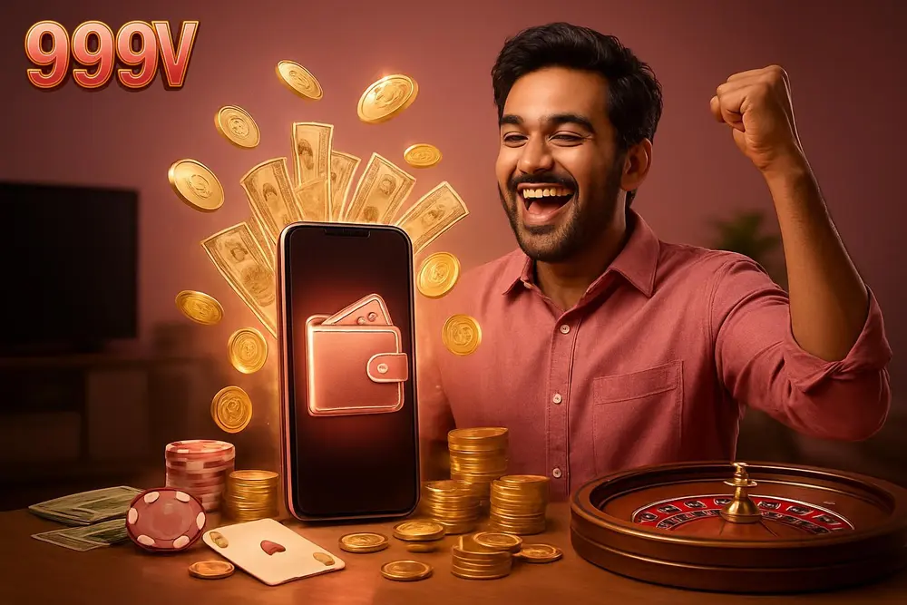 999V payment methods โ a happy Pakistani man celebrating as glowing coins and banknotes fan out around a mobile 999V payment methods โ a happy Pakistani man celebrating as glowing coins and banknotes fan out around a mobile