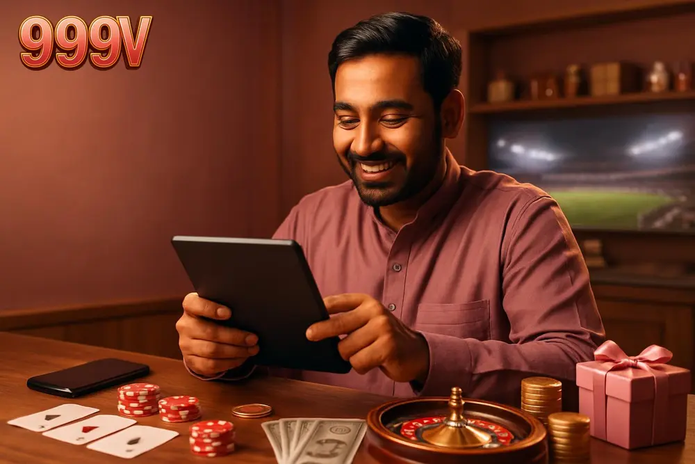 999V register โ a Pakistani man smiling as he completes registration on a tablet at a small shop counter with a 999V register โ a Pakistani man smiling as he completes registration on a tablet at a small shop counter with a