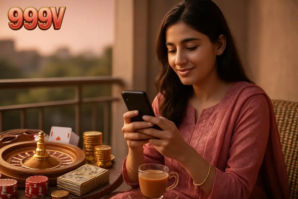 999V register โ a young Pakistani woman filling out a sign-up form on her phone while sitting on a balcony with a 999V register โ a young Pakistani woman filling out a sign-up form on her phone while sitting on a balcony with a